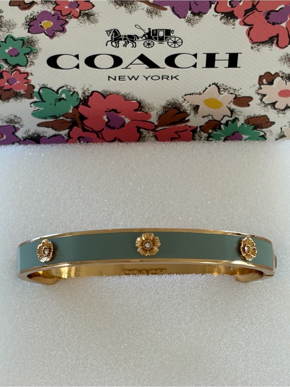 Coach Gold Tone Floral Enamel Hinged Bangle Bracelet Muted Blue-Green Jade Color